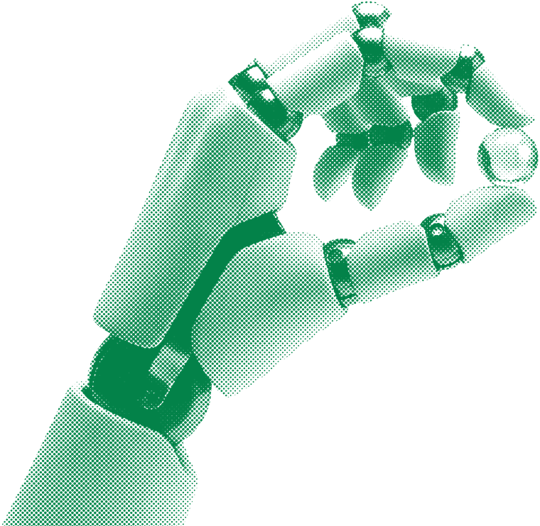 A green halftone engraving of a robot hand holding a marble